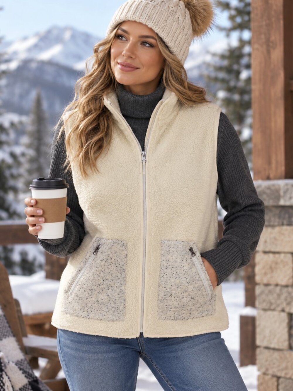 T by Talbots Sherpa Vest Faux Fur Zippered Cozy Cottagecore Classic Size Medium